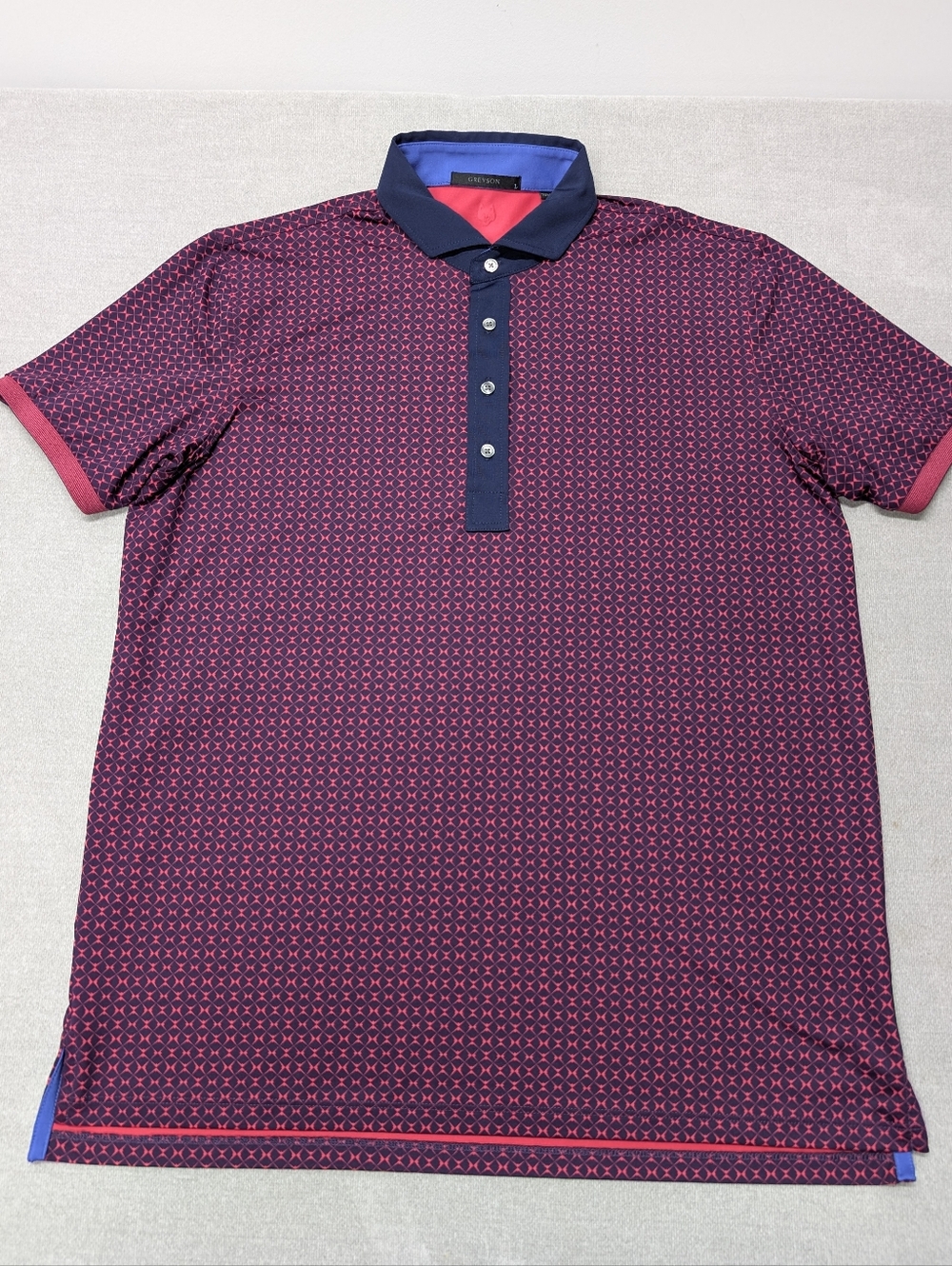 Greyson Golf Polo Men's L Navy Red Geometric AOP Wolf Performance